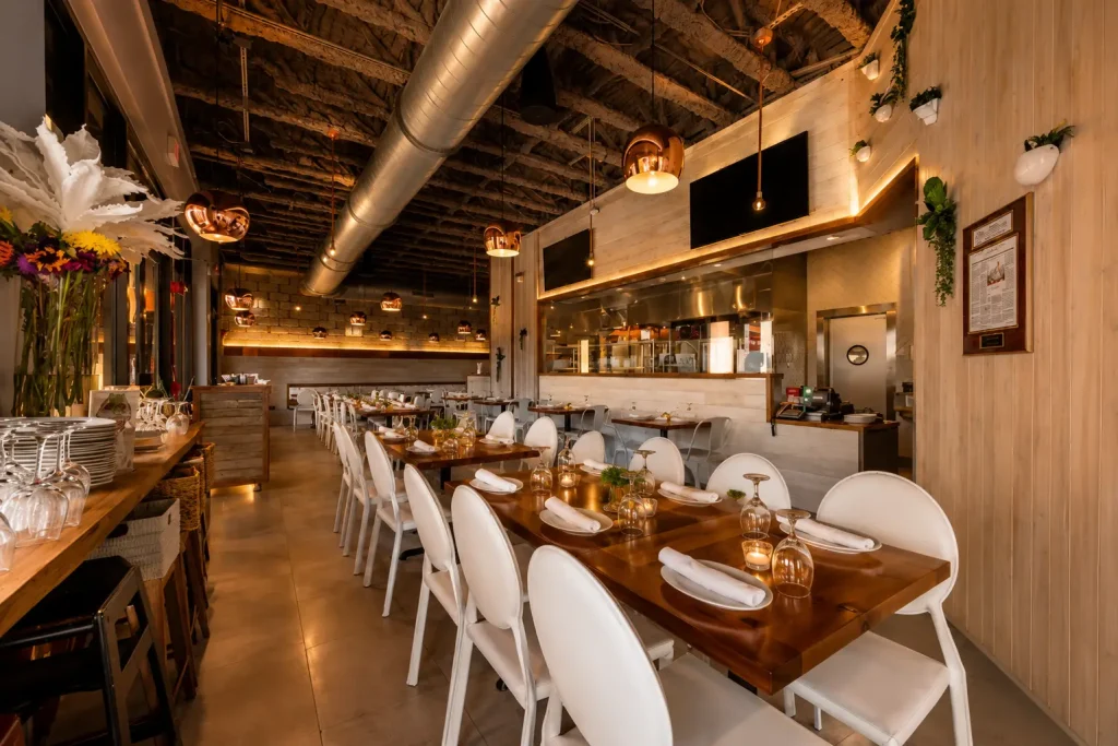 Warm and inviting dining room at Kareem's Lebanese Kitchen featuring elegant table settings, contemporary décor, and an open kitchen concept.