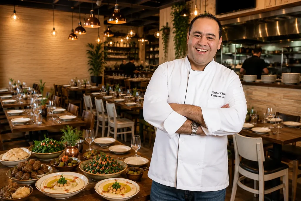 Smiling executive chef standing inside a modern Lebanese restaurant dining room, surrounded by freshly prepared Mediterranean dishes and warm contemporary décor.
