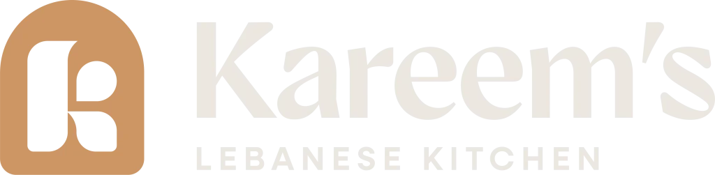 Kareem's Lebanese Kitchen logo in sand featuring a stylized "K" emblem and elegant typography, representing authentic Lebanese cuisine, Mediterranean flavors, and traditional hospitality.
