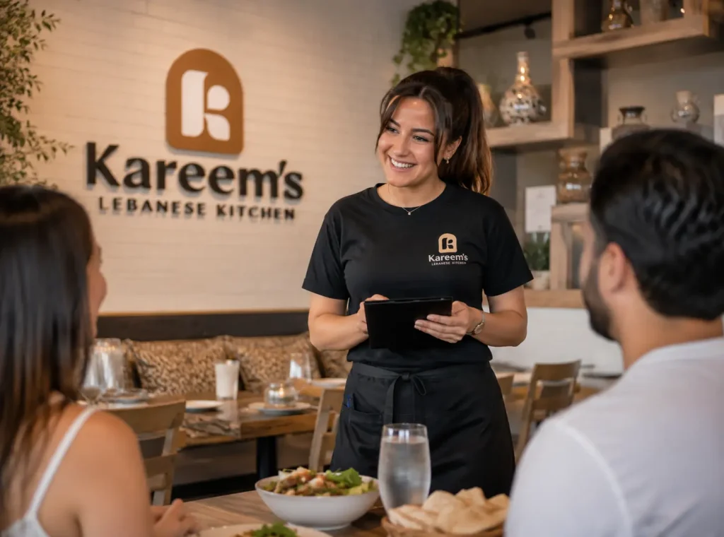 Friendly female server at Kareem's Lebanese Kitchen delivering food and providing attentive service in a warm and welcoming restaurant environment.