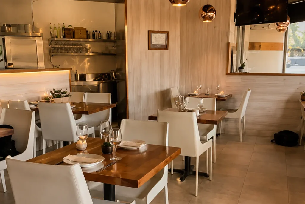 Bright and inviting dining room at Kareem's Lebanese Kitchen featuring elegant wood tables, white chairs, warm pendant lighting, light wood accents, and an open kitchen design.