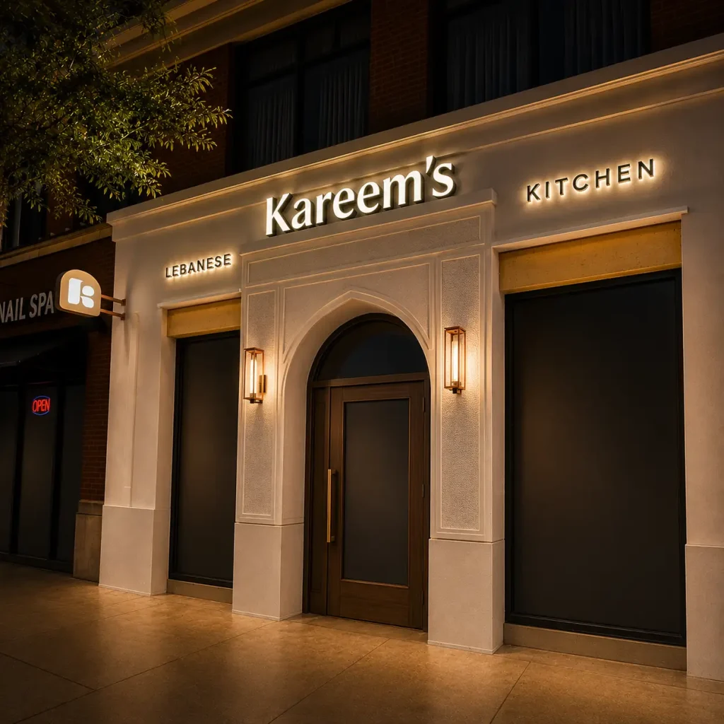Evening exterior of Kareem's Lebanese Kitchen featuring illuminated signage, a Mediterranean-inspired arched entrance, elegant wall sconces, dark tinted windows, and a welcoming storefront along a city streetscape.