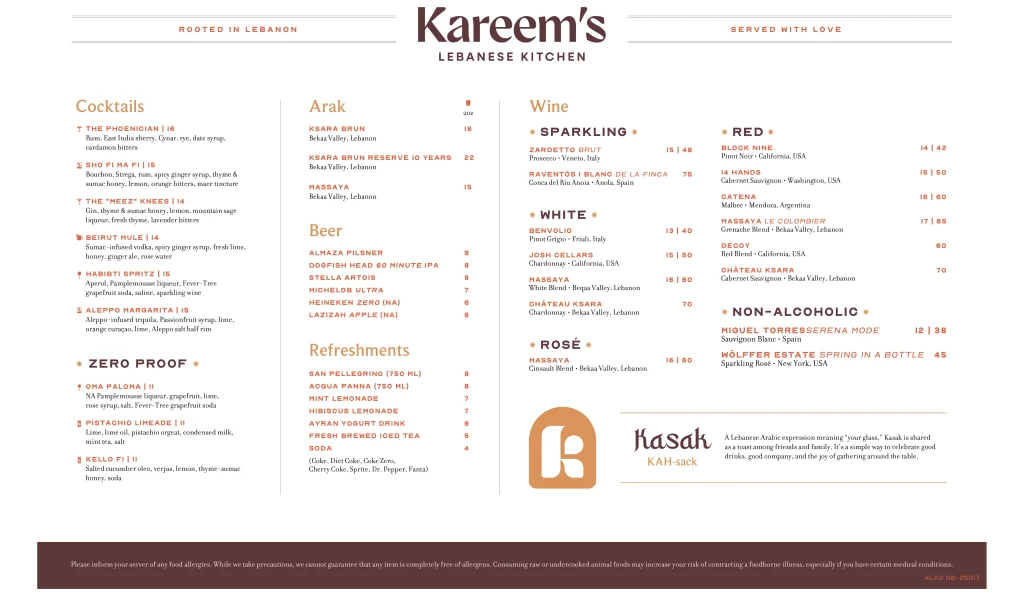 Kareem’s Lebanese Kitchen dinner cocktail and drink menu featuring handcrafted cocktails, wine, beer, arak, and non-alcoholic beverages.